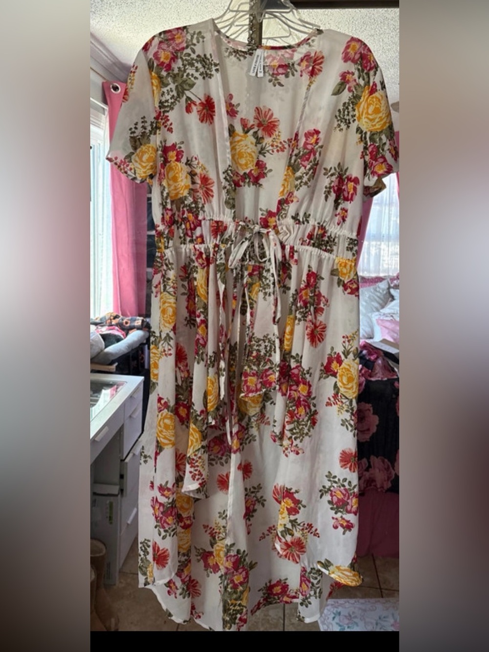 Live 4 Truth White Floral Midi kimono with Yellow and Pink Flowers
